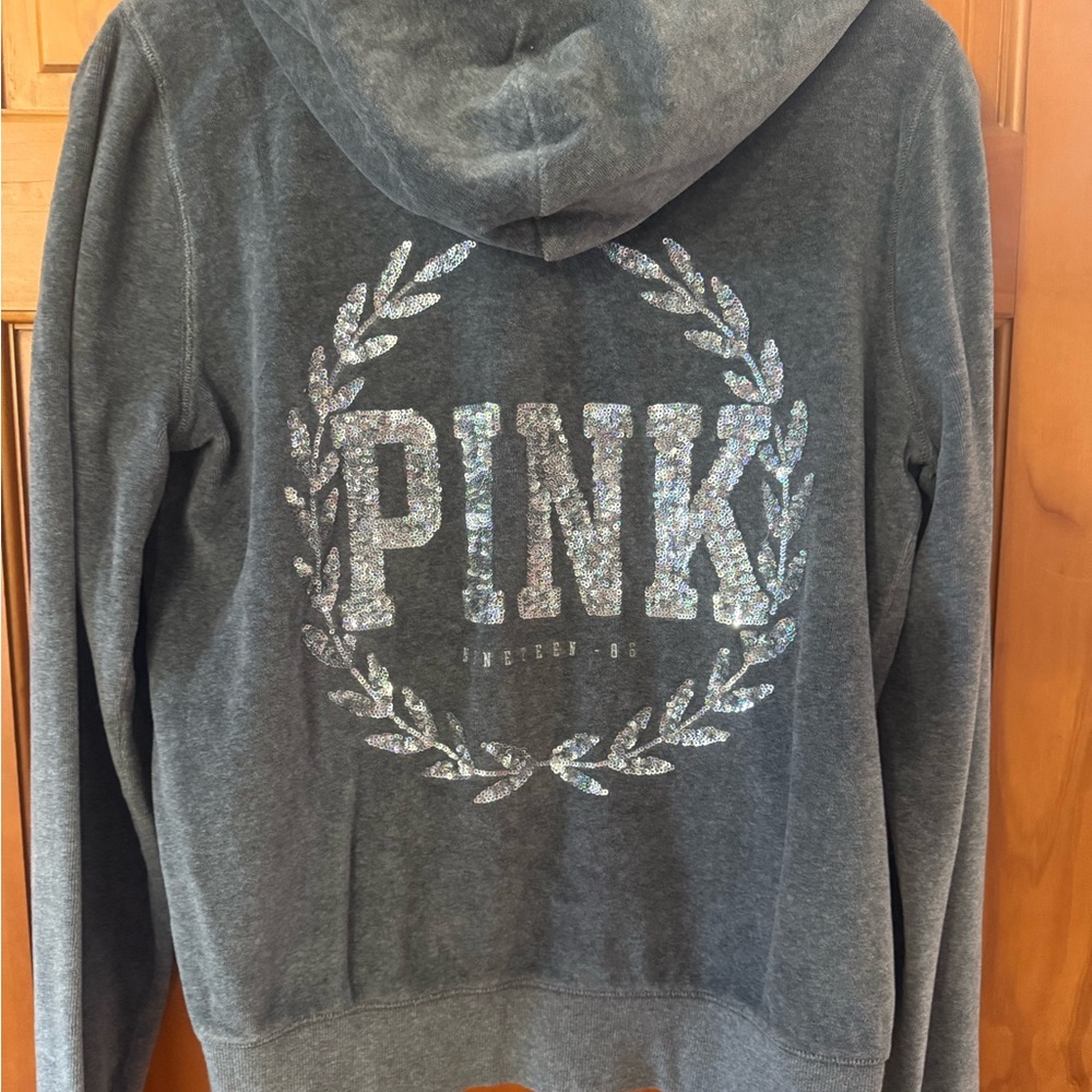 Victoria's Secret sequin PINK Gray full zip hooded Sweatshirt